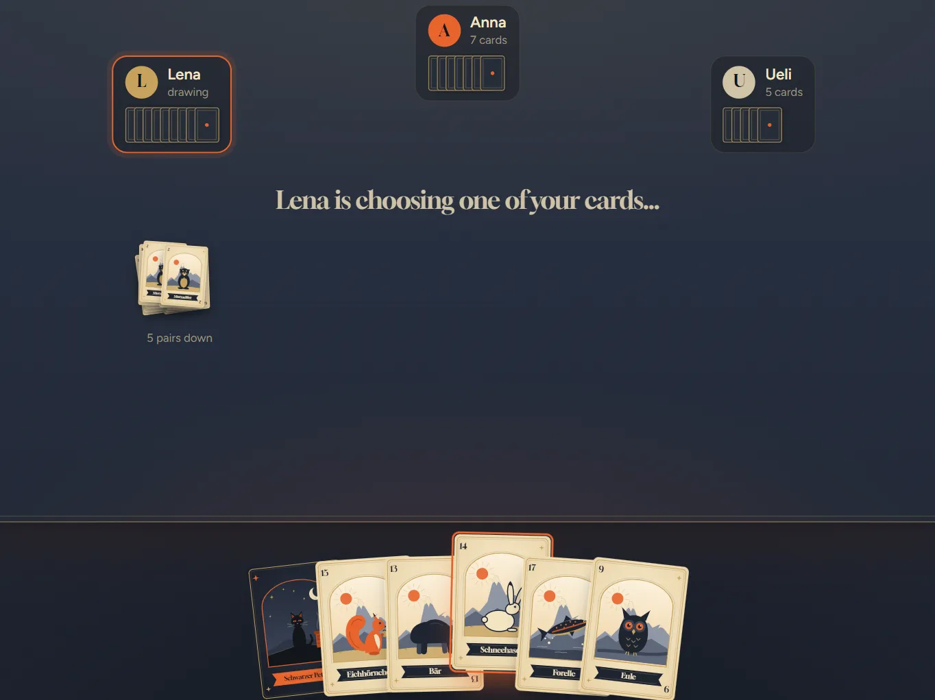 A game in progress: Lena is choosing one of your cards, and the card she points at is lifted in your hand.